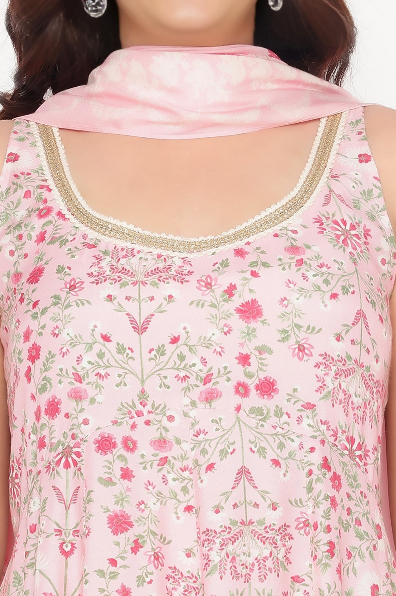 W for Woman Rose Pink Printed Shantung Flared Kurta, Parallel Pant and Dupatta Set