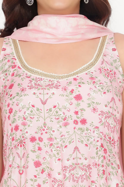 W for Woman Rose Pink Printed Shantung Flared Kurta, Parallel Pant and Dupatta Set