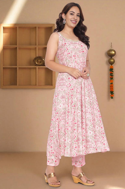 W for Woman Rose Pink Printed Shantung Flared Kurta, Parallel Pant and Dupatta Set