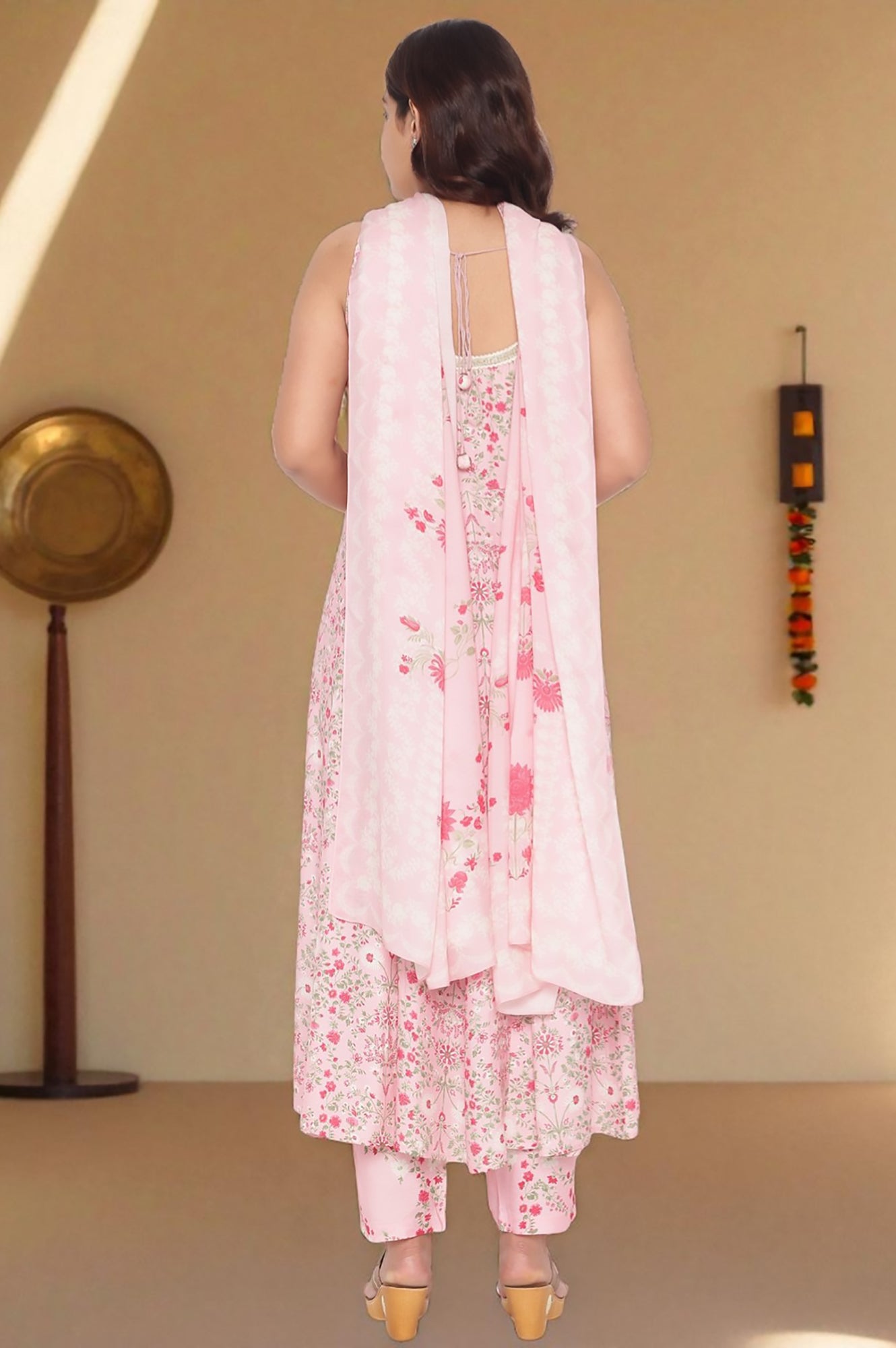 W for Woman Rose Pink Printed Shantung Flared Kurta, Parallel Pant and Dupatta Set