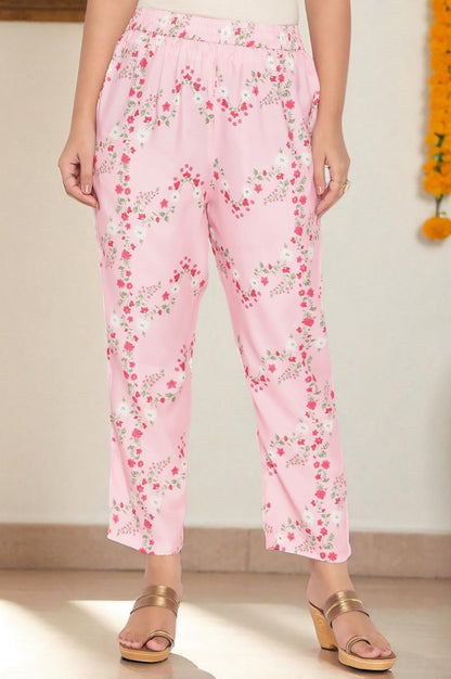 W for Woman Rose Pink Printed Shantung Flared Kurta, Parallel Pant and Dupatta Set