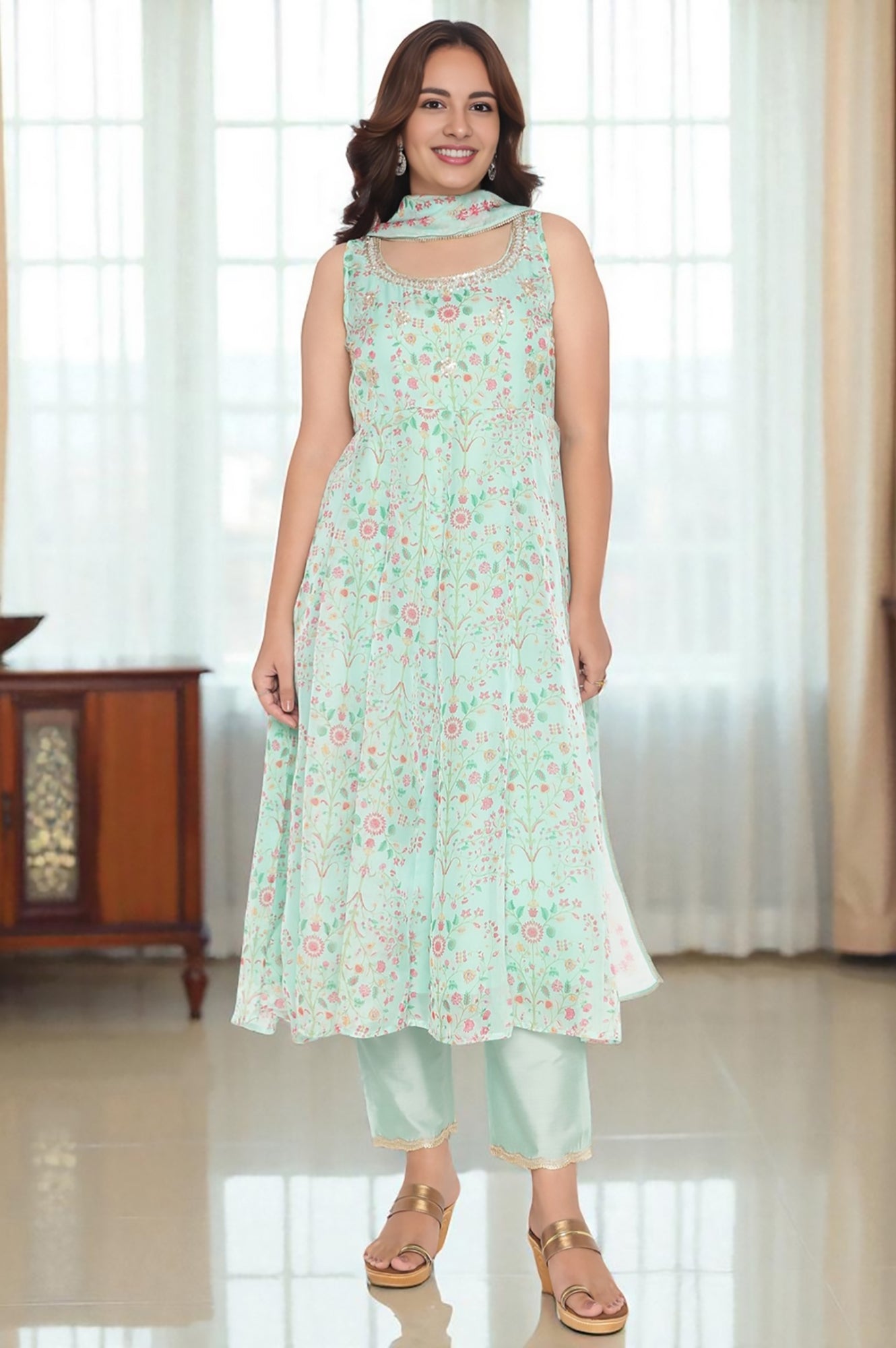 W for Woman Mint Green Printed Organza Flared Kurta, Straight Pant and Dupatta Set