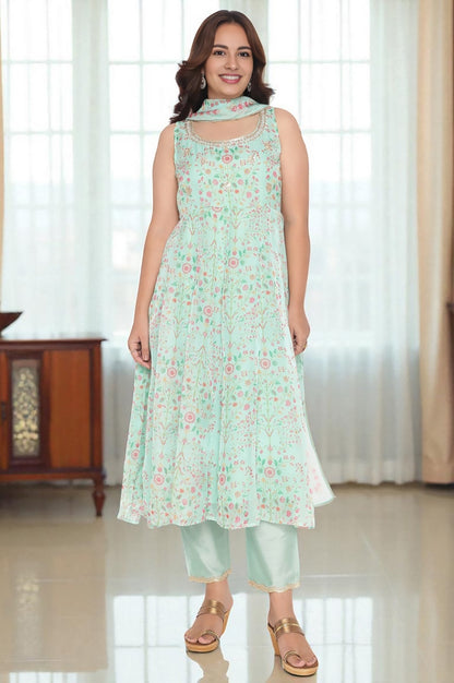 W for Woman Mint Green Printed Organza Flared Kurta, Straight Pant and Dupatta Set