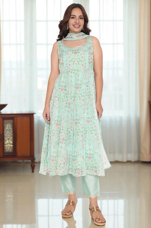 W for Woman Mint Green Printed Organza Flared Kurta, Straight Pant and Dupatta Set