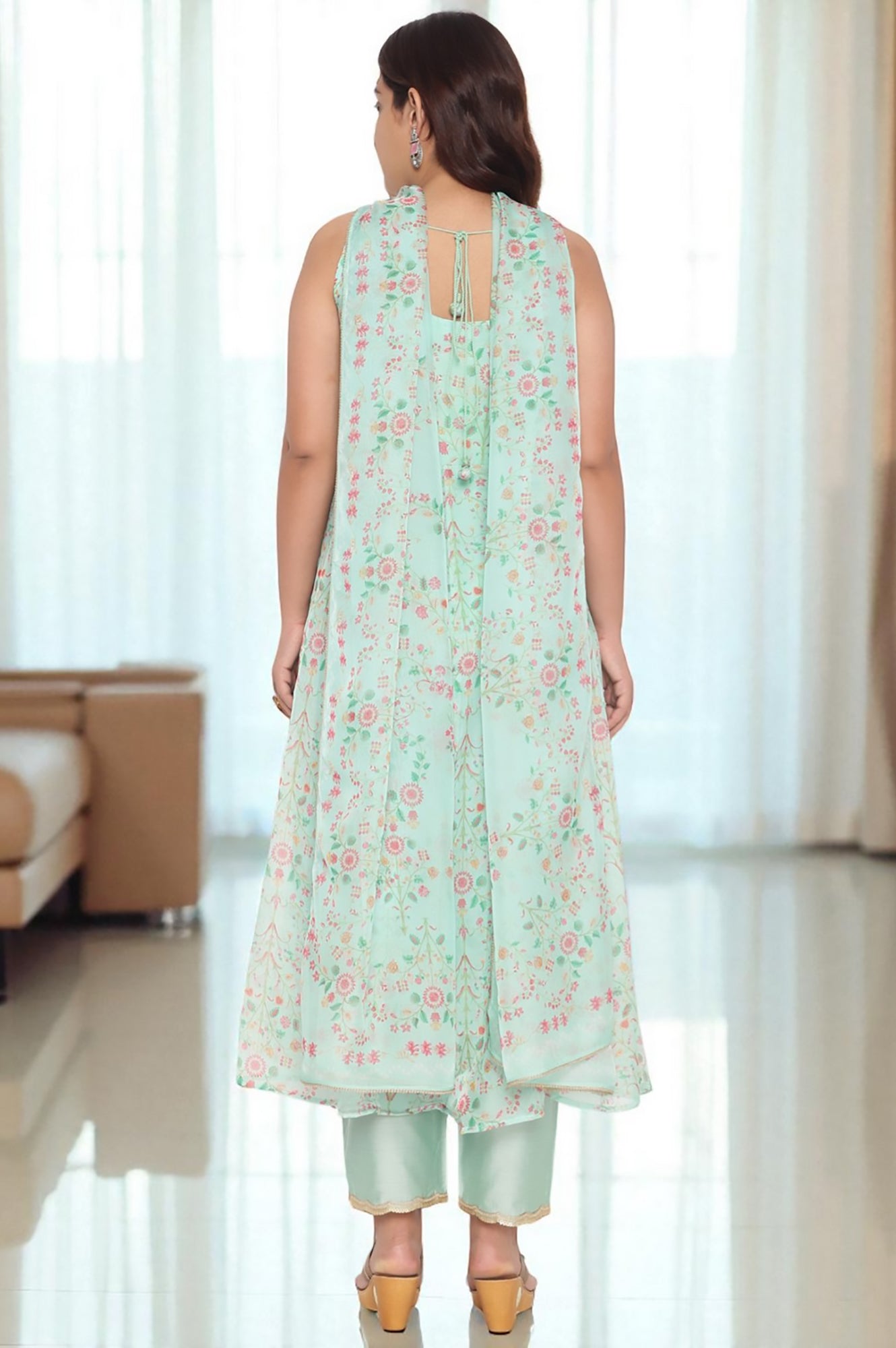 W for Woman Mint Green Printed Organza Flared Kurta, Straight Pant and Dupatta Set