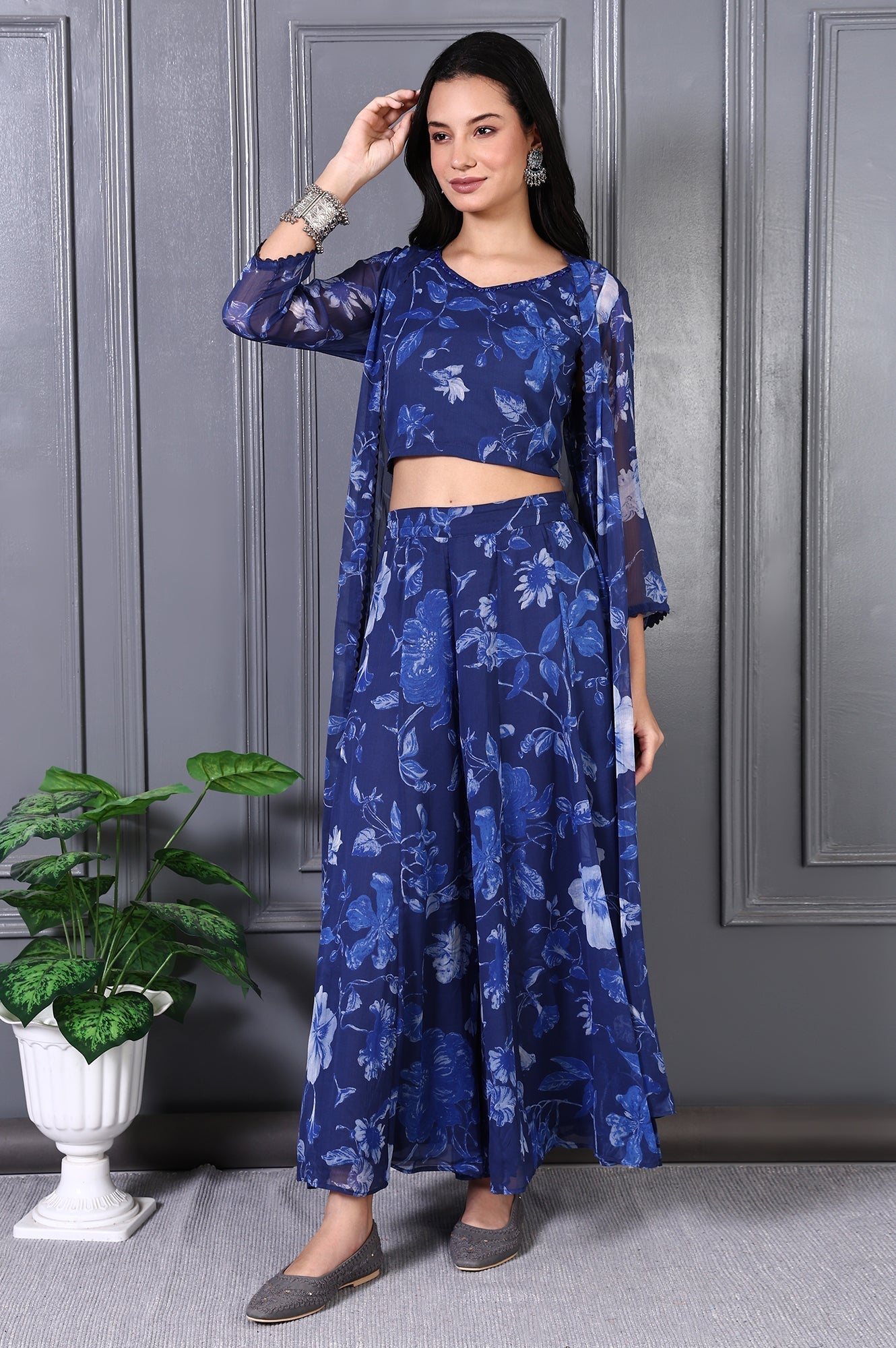 W for Woman Blue Floral Printed Beads Chiffon Flared Crop Top, Jacket and Flared Pants Set