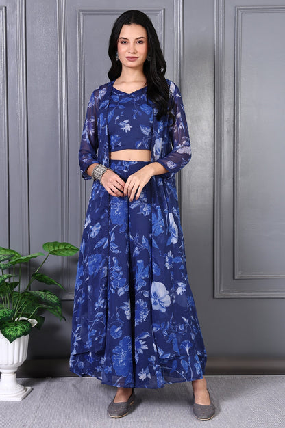 W for Woman Blue Floral Printed Beads Chiffon Flared Crop Top, Jacket and Flared Pants Set
