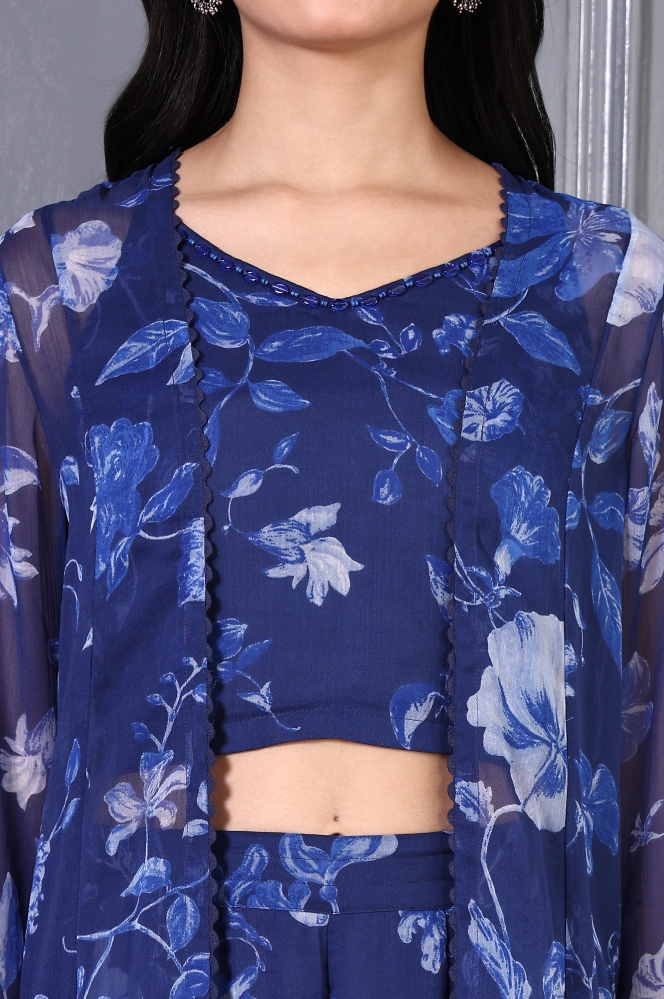 W for Woman Blue Floral Printed Beads Chiffon Flared Crop Top, Jacket and Flared Pants Set