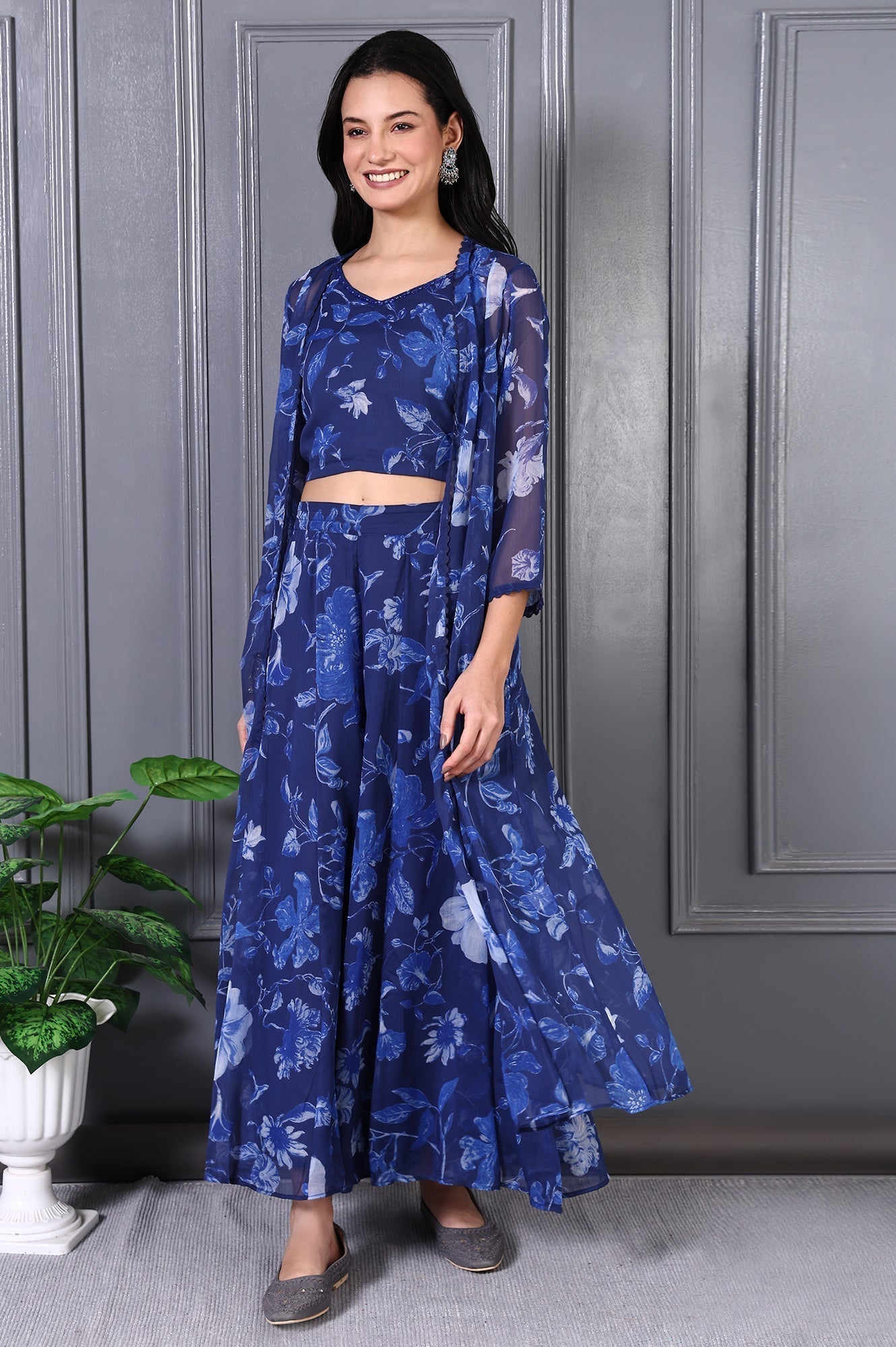 W for Woman Blue Floral Printed Beads Chiffon Flared Crop Top, Jacket and Flared Pants Set