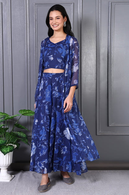 W for Woman Blue Floral Printed Beads Chiffon Flared Crop Top, Jacket and Flared Pants Set