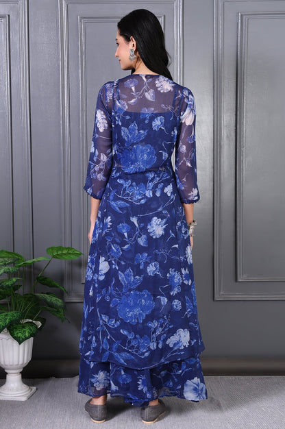 W for Woman Blue Floral Printed Beads Chiffon Flared Crop Top, Jacket and Flared Pants Set