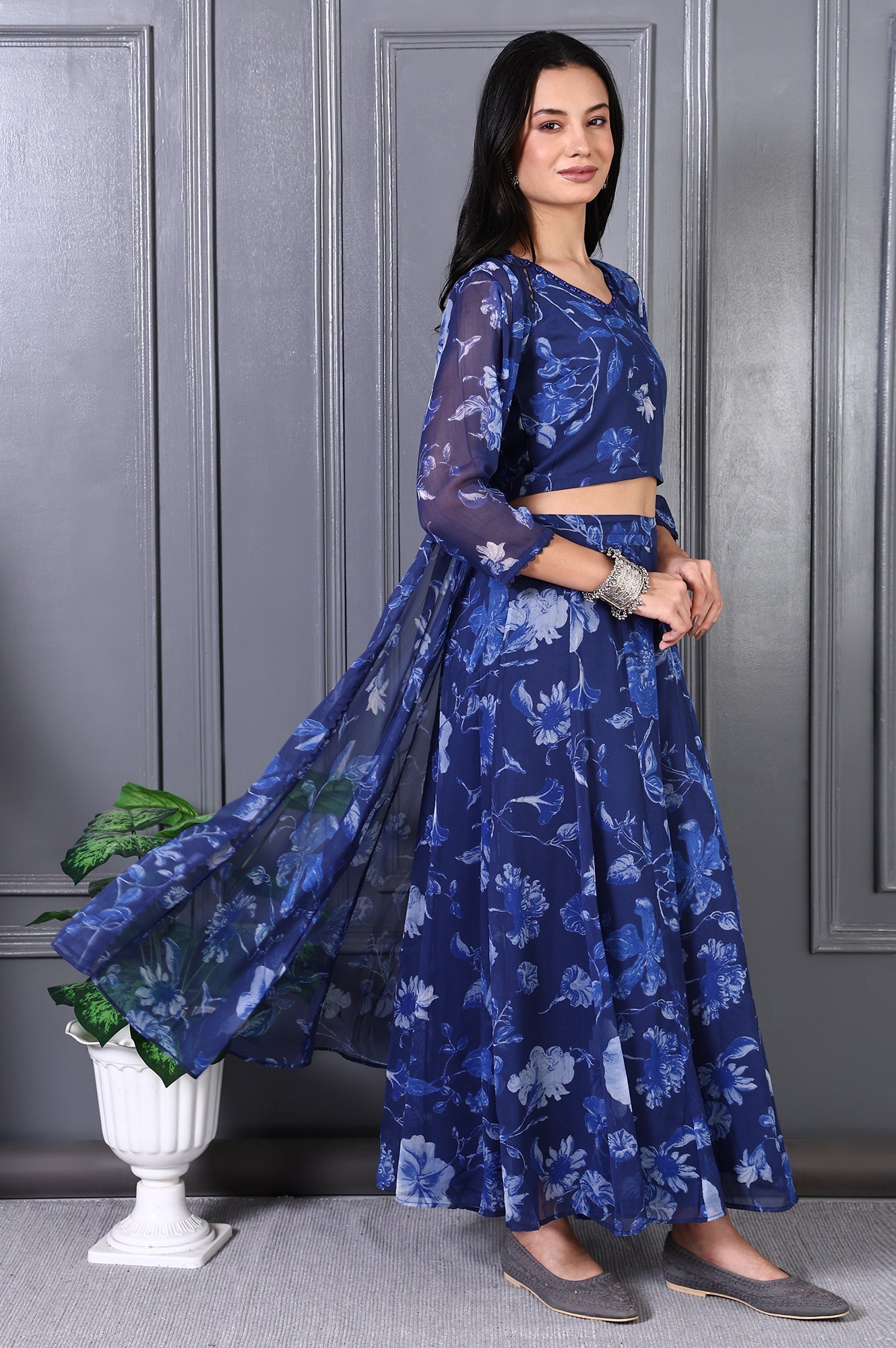 W for Woman Blue Floral Printed Beads Chiffon Flared Crop Top, Jacket and Flared Pants Set