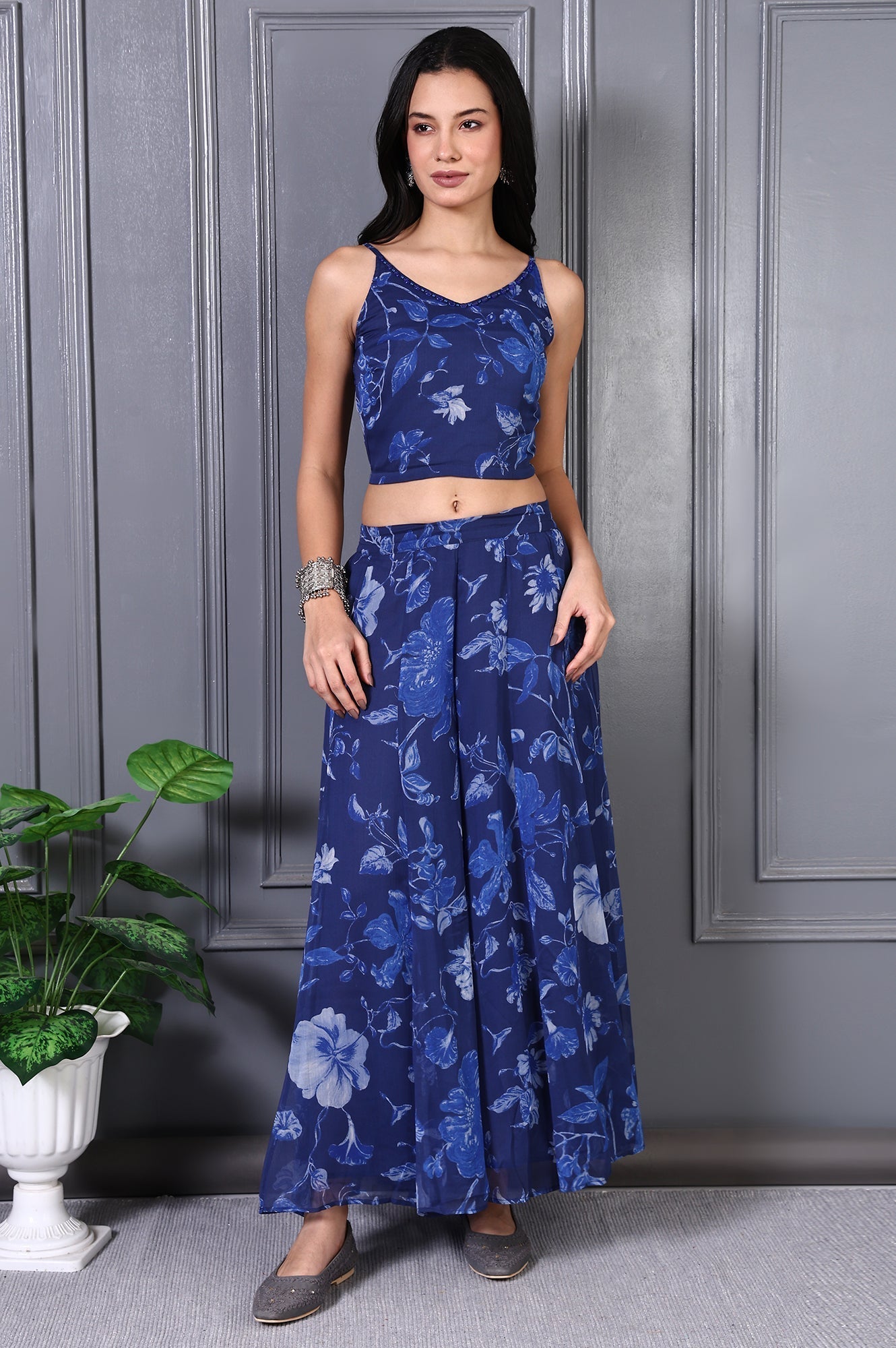 W for Woman Blue Floral Printed Beads Chiffon Flared Crop Top, Jacket and Flared Pants Set