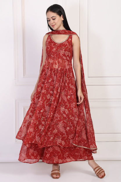 W for Woman Red Floral Printed Lace Trim Anarkali Chiffon Kurta with Flared Pant and Dupatta Set