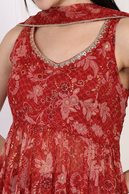 W for Woman Red Floral Printed Lace Trim Anarkali Chiffon Kurta with Flared Pant and Dupatta Set