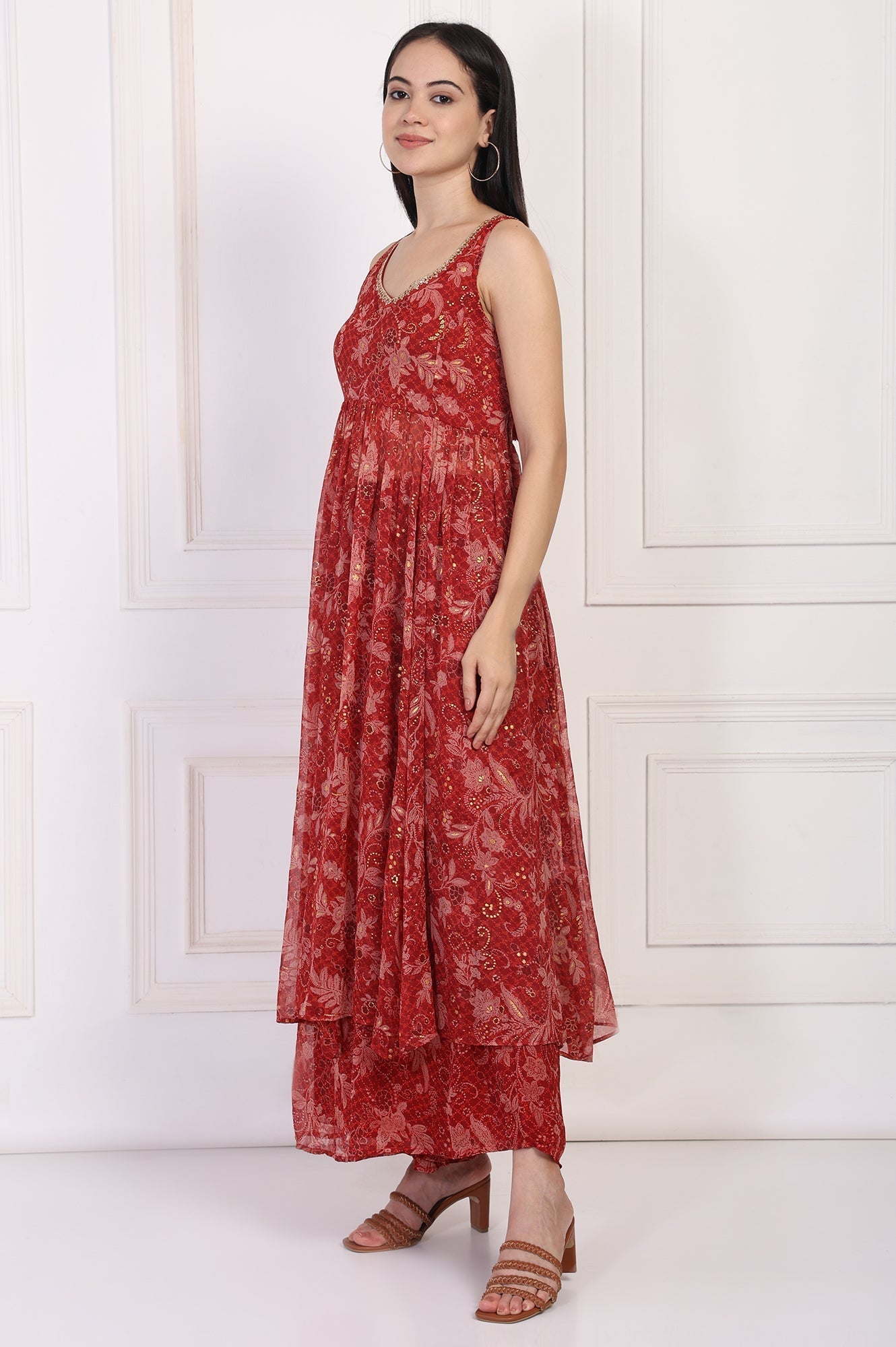 W for Woman Red Floral Printed Lace Trim Anarkali Chiffon Kurta with Flared Pant and Dupatta Set