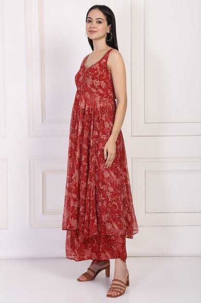 W for Woman Red Floral Printed Lace Trim Anarkali Chiffon Kurta with Flared Pant and Dupatta Set
