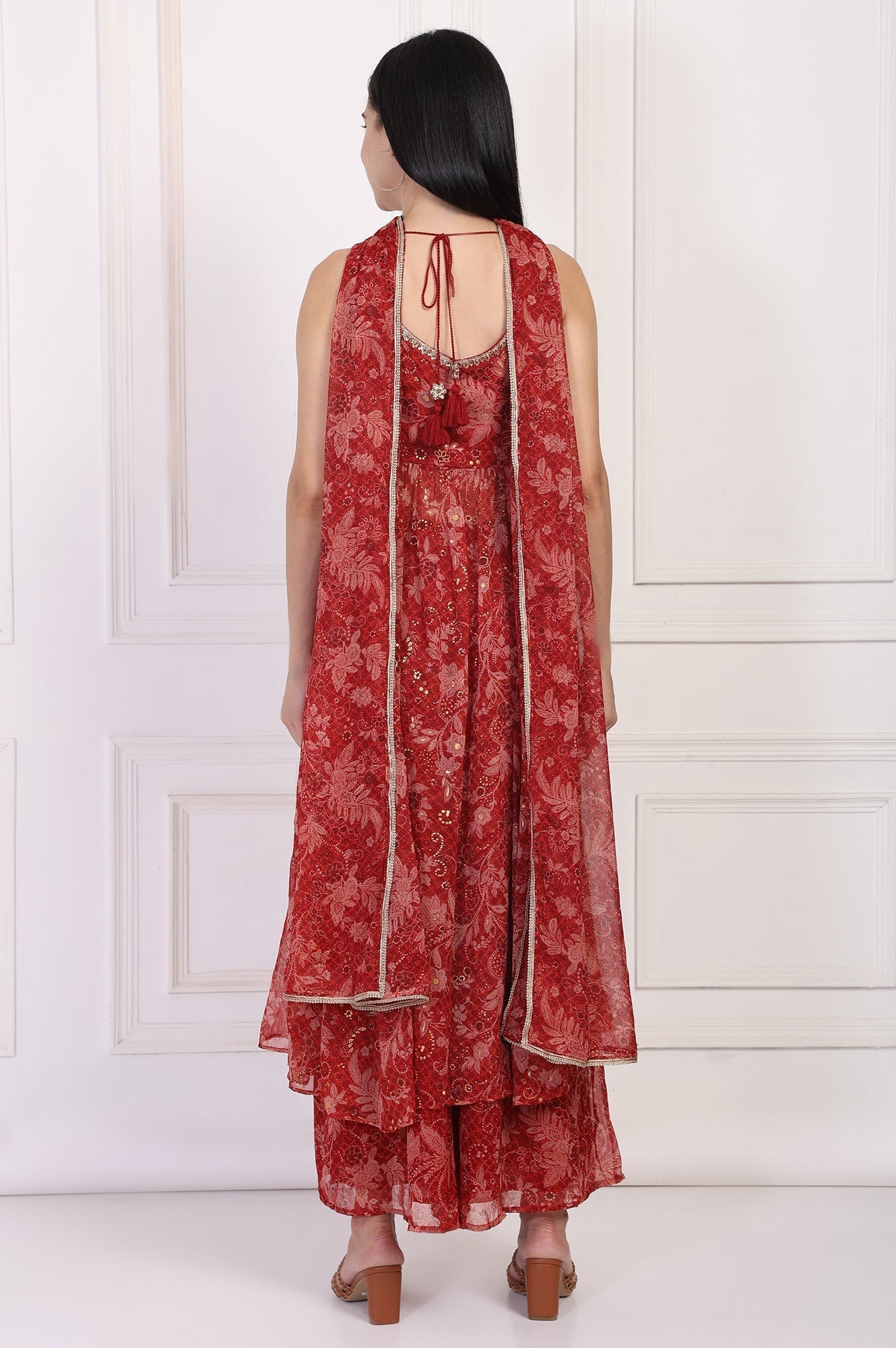 W for Woman Red Floral Printed Lace Trim Anarkali Chiffon Kurta with Flared Pant and Dupatta Set