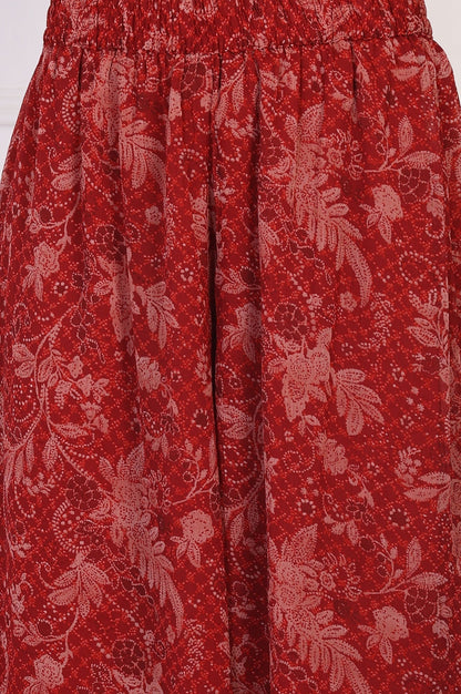 W for Woman Red Floral Printed Lace Trim Anarkali Chiffon Kurta with Flared Pant and Dupatta Set