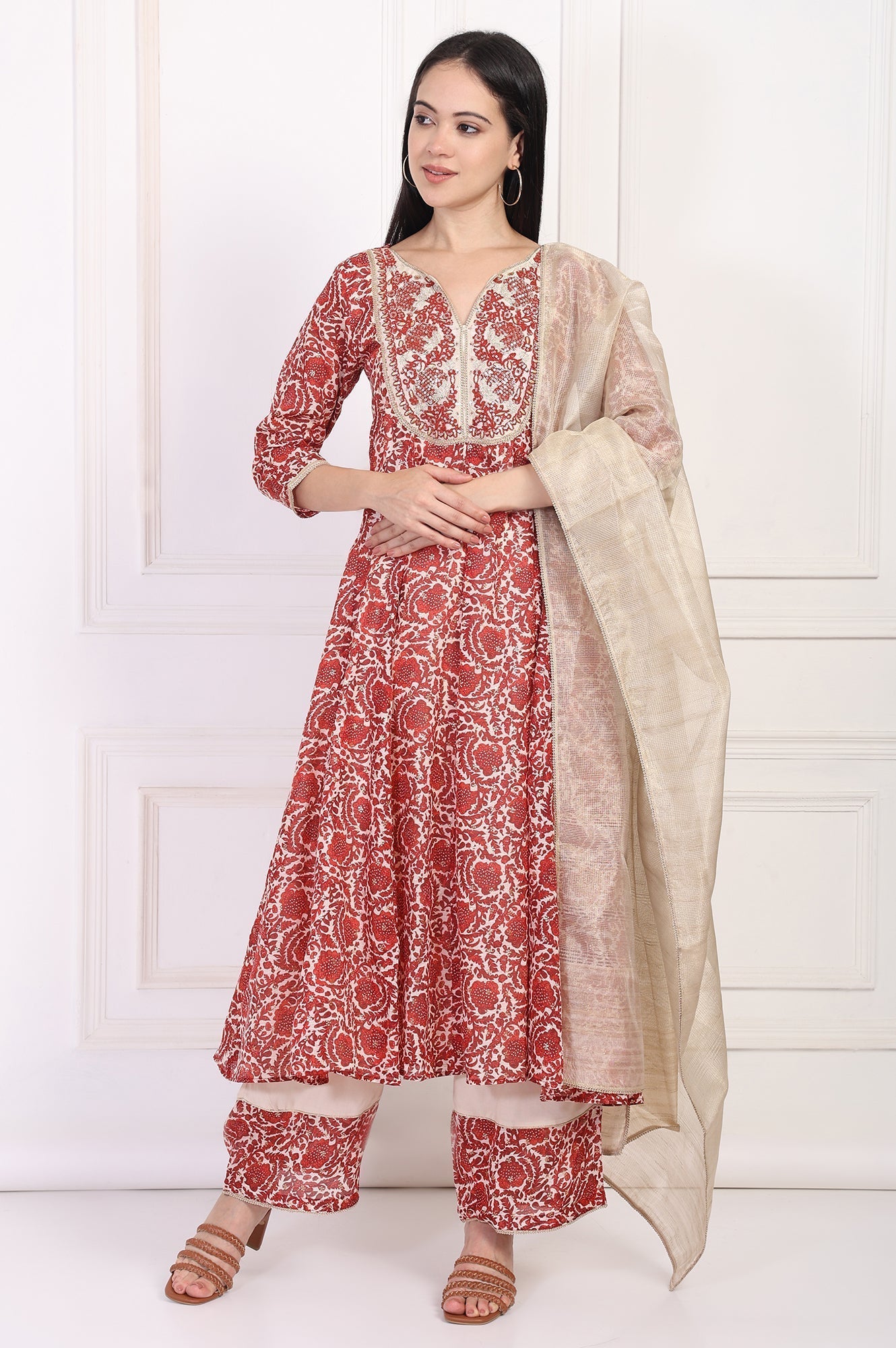 W for Woman Red Embroidered Anarkali Kurta with Flared Pant and Dupatta Set