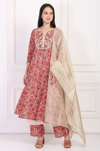 W for Woman Red Embroidered Anarkali Kurta with Flared Pant and Dupatta Set