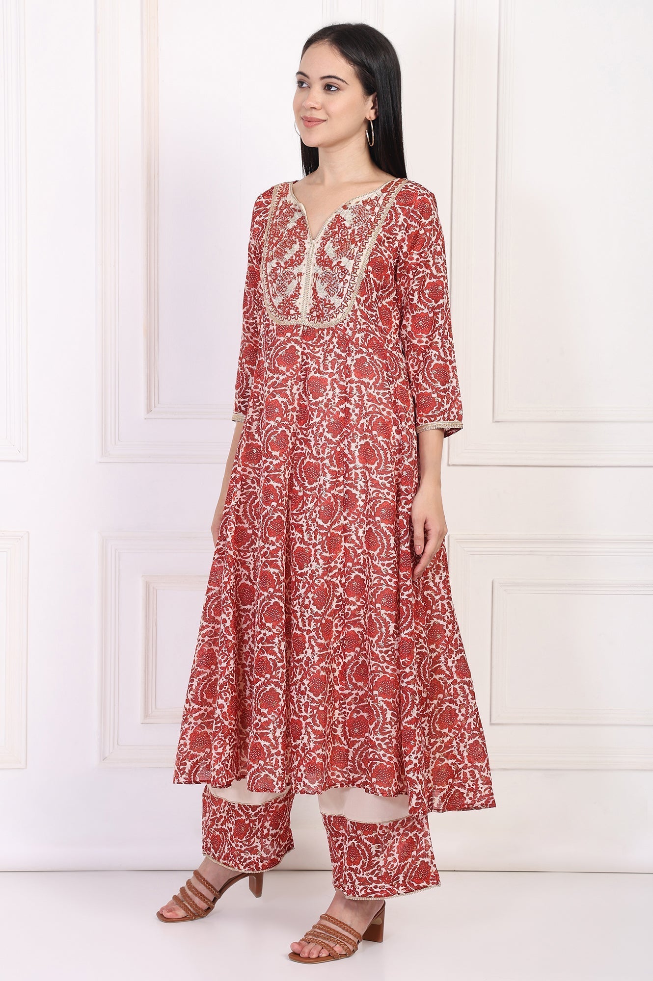 W for Woman Red Embroidered Anarkali Kurta with Flared Pant and Dupatta Set