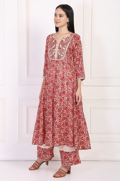 W for Woman Red Embroidered Anarkali Kurta with Flared Pant and Dupatta Set