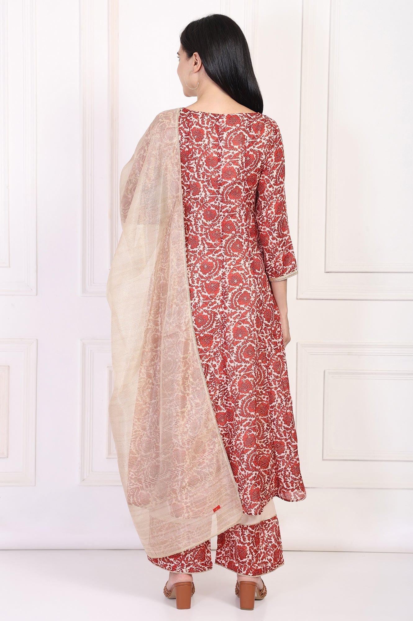W for Woman Red Embroidered Anarkali Kurta with Flared Pant and Dupatta Set