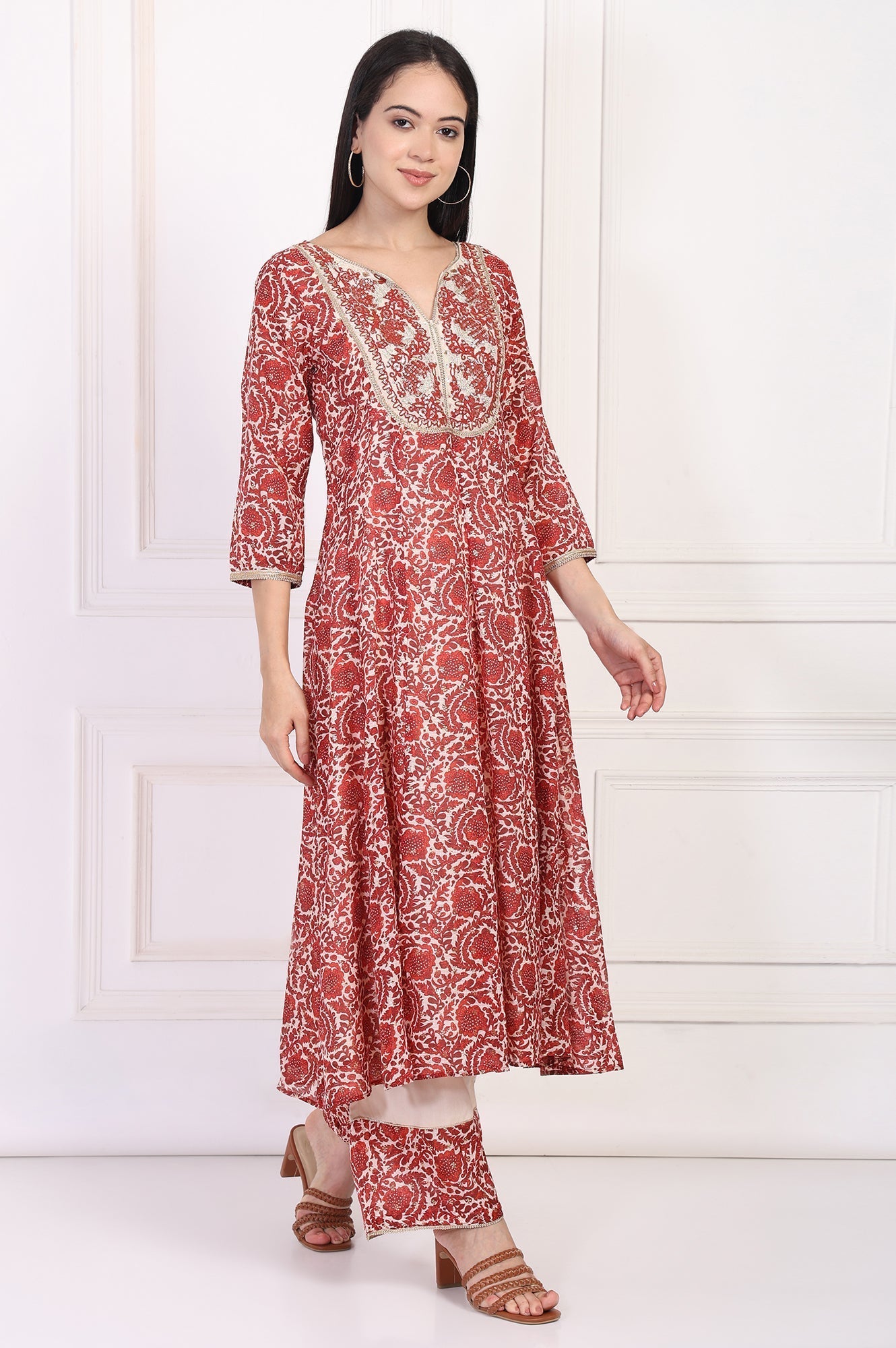 W for Woman Red Embroidered Anarkali Kurta with Flared Pant and Dupatta Set