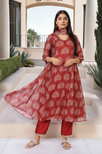 W for Woman Red Ethnic Motifs Printed Embellished Anarkali Organza Kurta with Straight Pant and Dupatta Set
