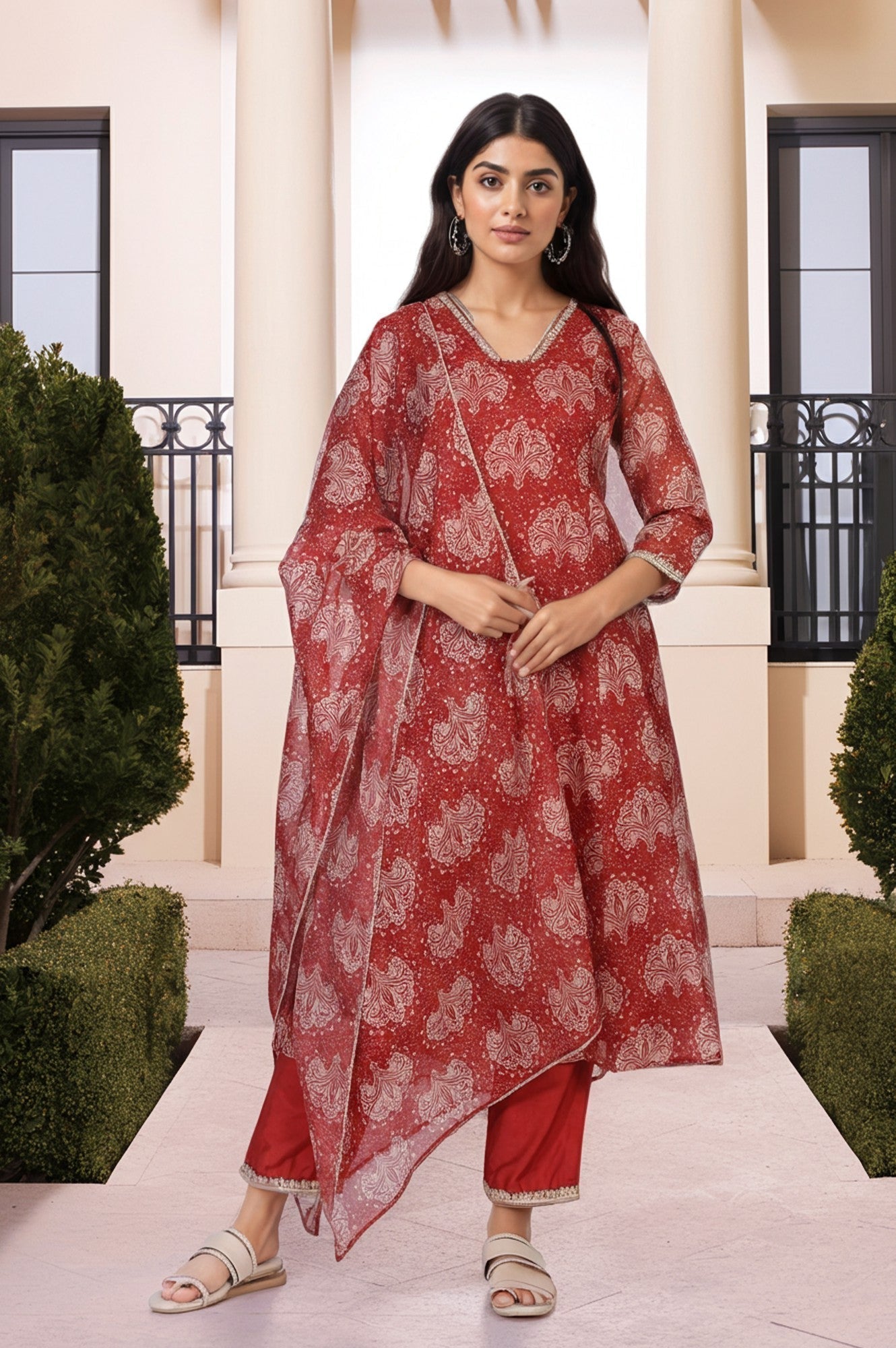 W for Woman Red Ethnic Motifs Printed Embellished Anarkali Organza Kurta with Straight Pant and Dupatta Set