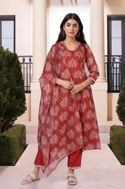 W for Woman Red Ethnic Motifs Printed Embellished Anarkali Organza Kurta with Straight Pant and Dupatta Set