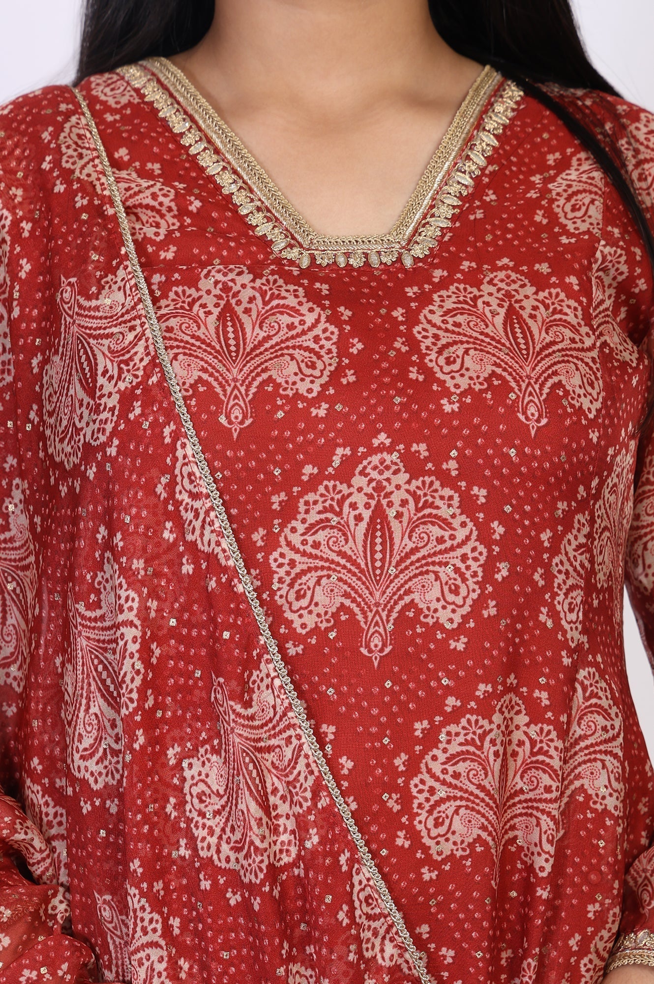 W for Woman Red Ethnic Motifs Printed Embellished Anarkali Organza Kurta with Straight Pant and Dupatta Set