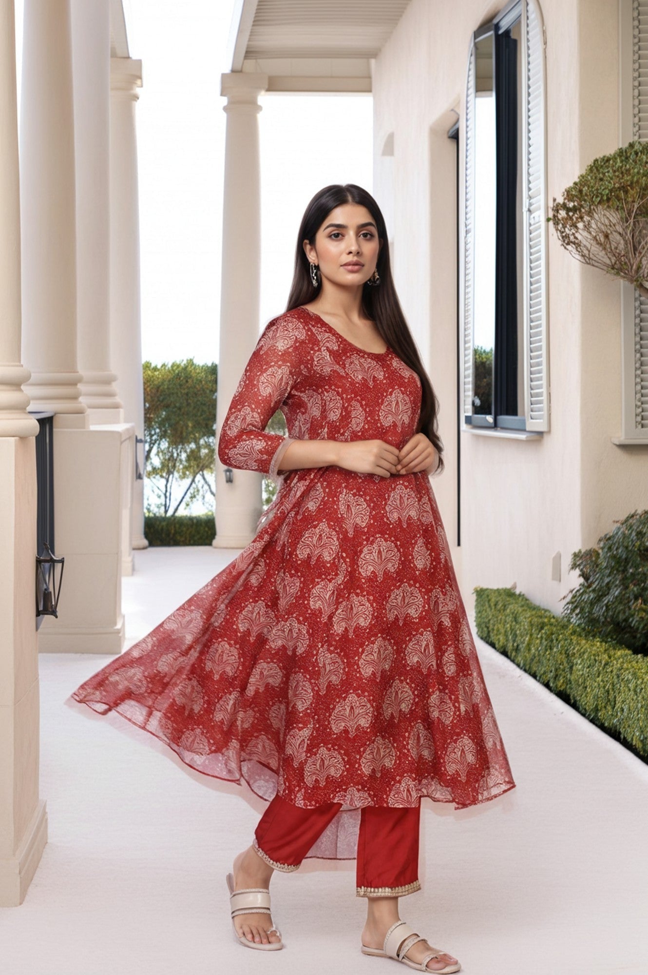 W for Woman Red Ethnic Motifs Printed Embellished Anarkali Organza Kurta with Straight Pant and Dupatta Set