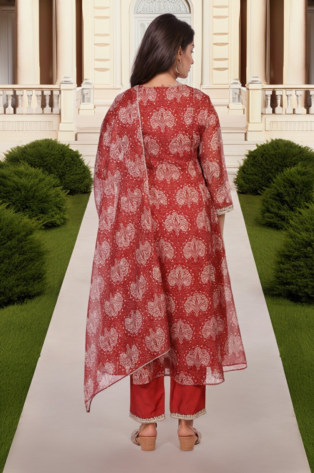 W for Woman Red Ethnic Motifs Printed Embellished Anarkali Organza Kurta with Straight Pant and Dupatta Set