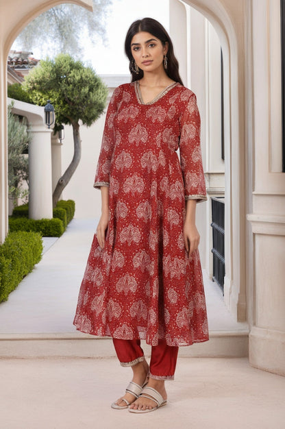 W for Woman Red Ethnic Motifs Printed Embellished Anarkali Organza Kurta with Straight Pant and Dupatta Set
