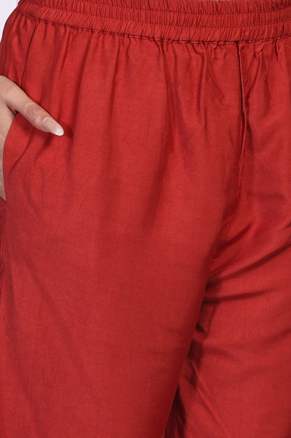 W for Woman Red Ethnic Motifs Printed Embellished Anarkali Organza Kurta with Straight Pant and Dupatta Set