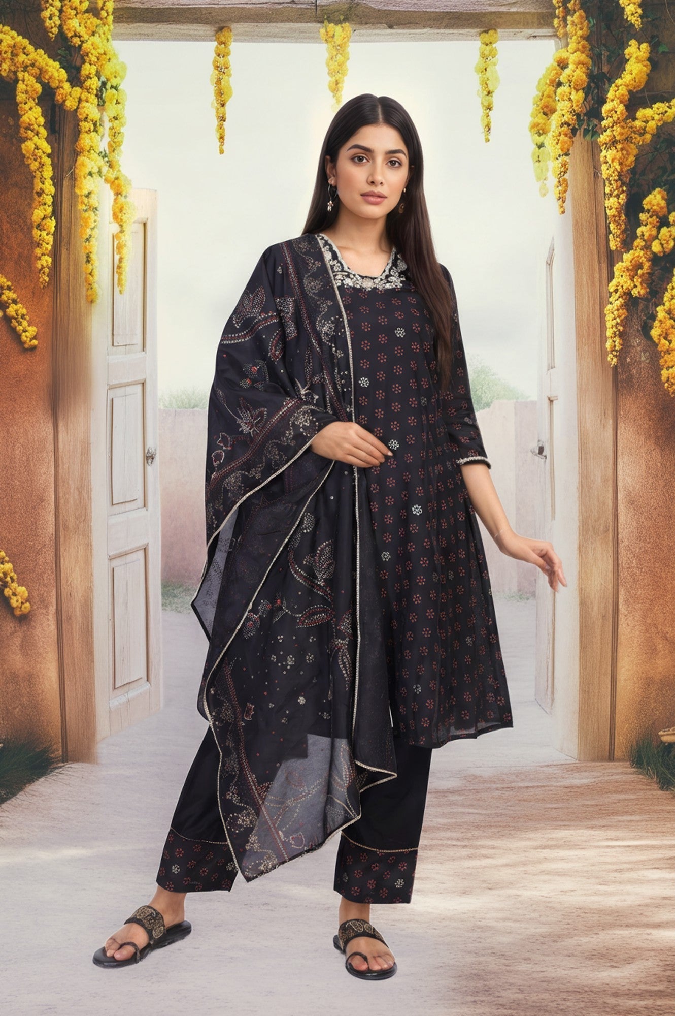 W for Woman Black Embroidered A-Line Kurta with Straight Pant and Dupatta Set