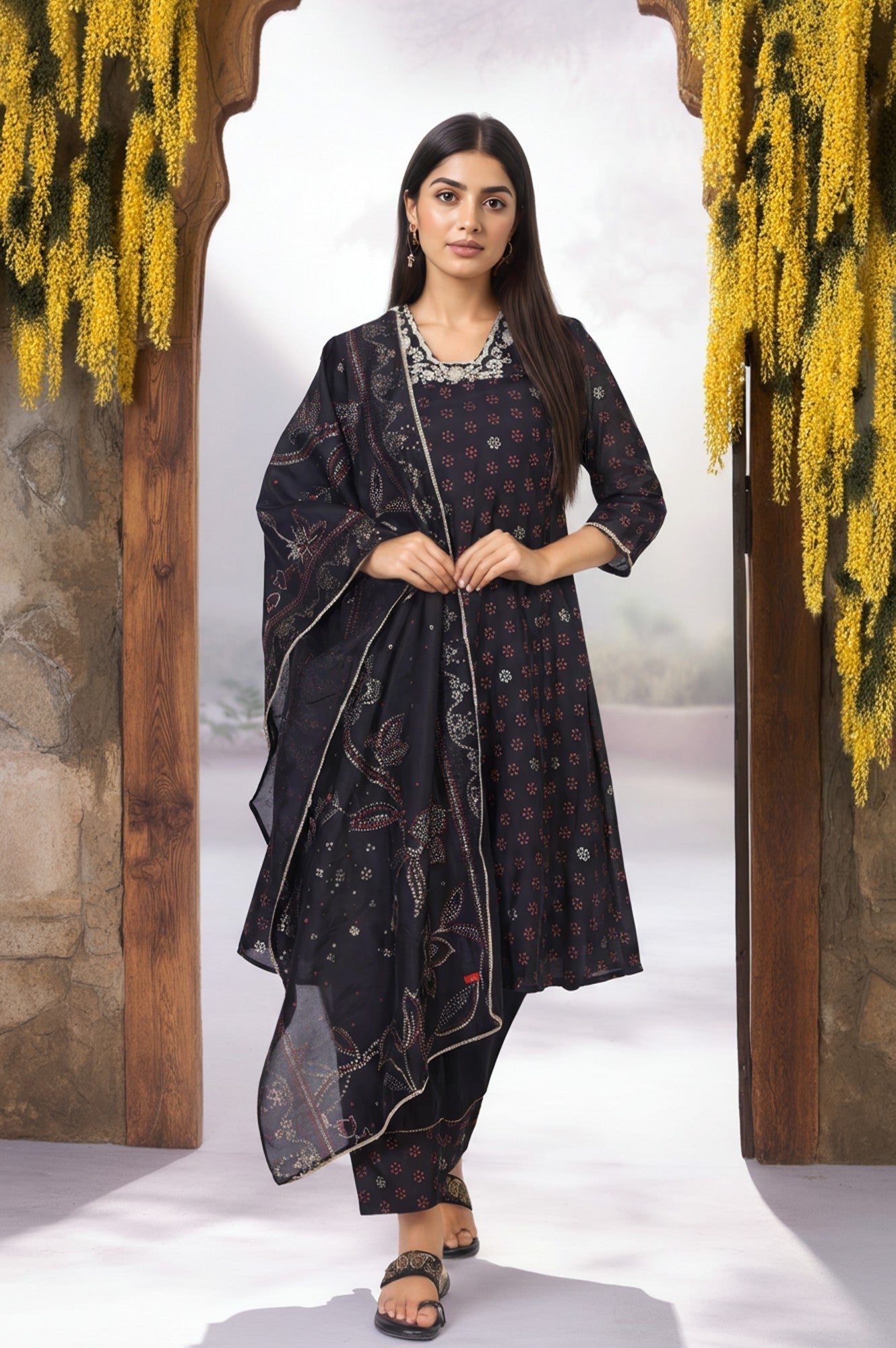 W for Woman Black Embroidered A-Line Kurta with Straight Pant and Dupatta Set