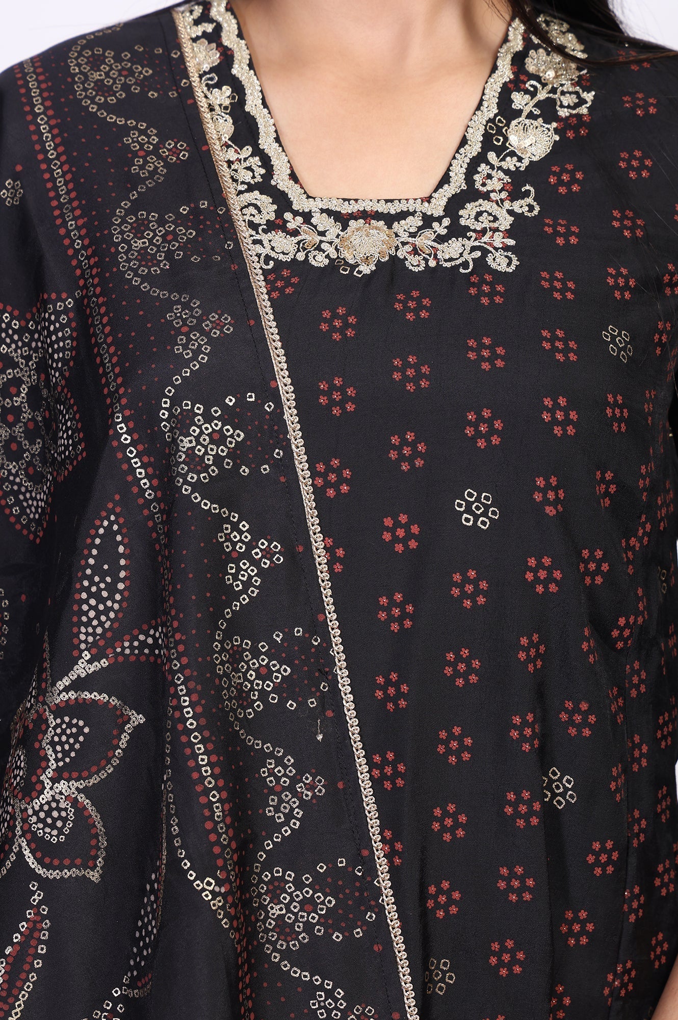 W for Woman Black Embroidered A-Line Kurta with Straight Pant and Dupatta Set