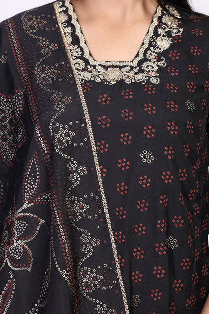 W for Woman Black Embroidered A-Line Kurta with Straight Pant and Dupatta Set