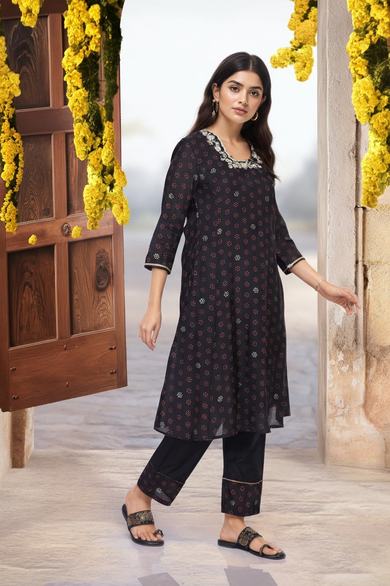 W for Woman Black Embroidered A-Line Kurta with Straight Pant and Dupatta Set