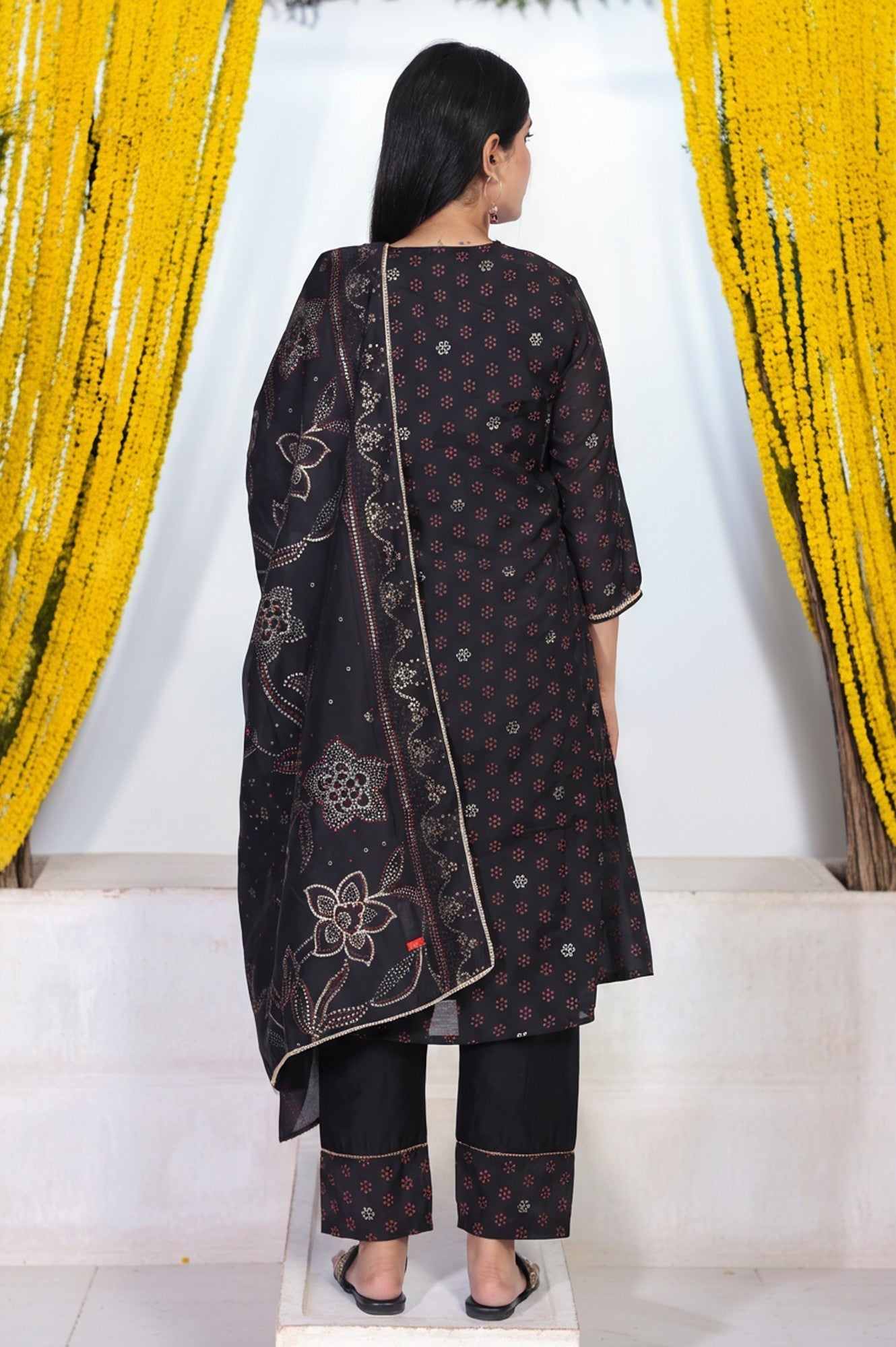 W for Woman Black Embroidered A-Line Kurta with Straight Pant and Dupatta Set