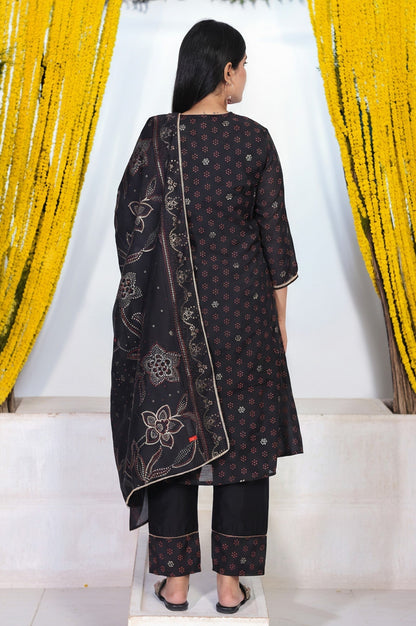 W for Woman Black Embroidered A-Line Kurta with Straight Pant and Dupatta Set