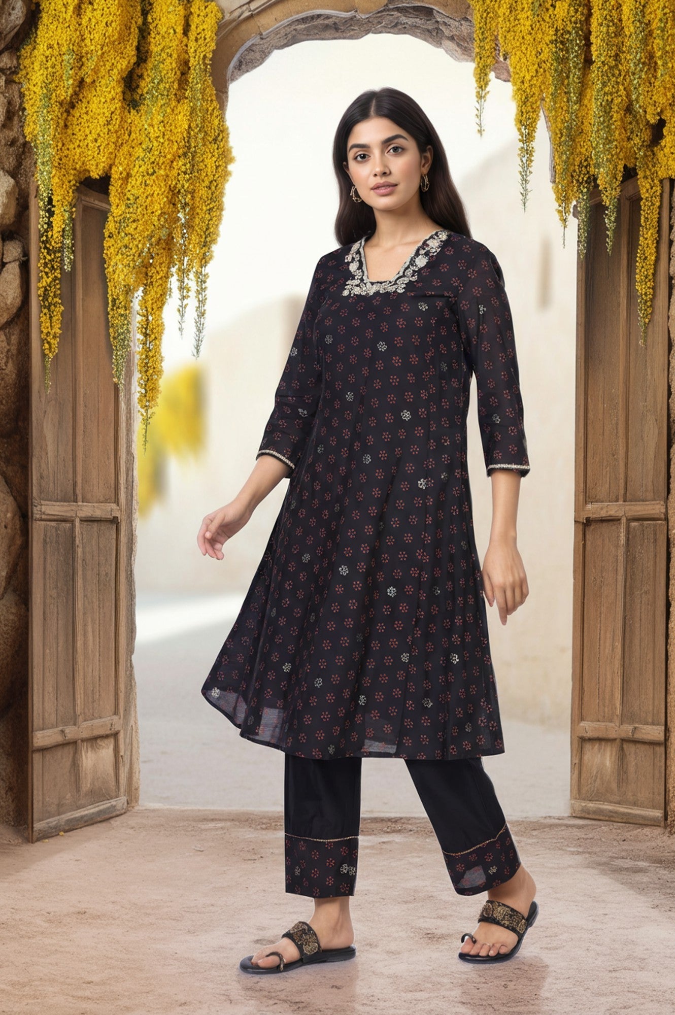 W for Woman Black Embroidered A-Line Kurta with Straight Pant and Dupatta Set