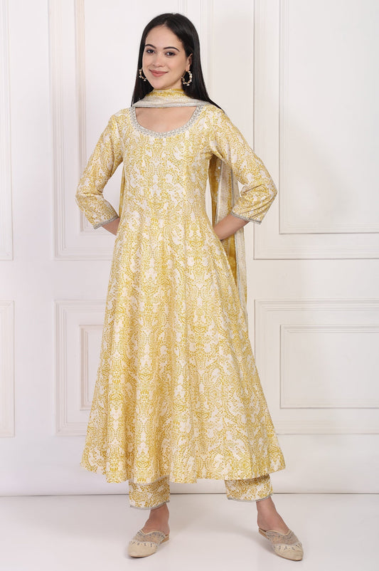W for Woman Yellow Paisley Printed Embellished Anarkali Kurta with Straight Pant and Dupatta Set
