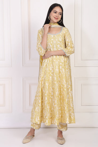 W for Woman Yellow Paisley Printed Embellished Anarkali Kurta with Straight Pant and Dupatta Set
