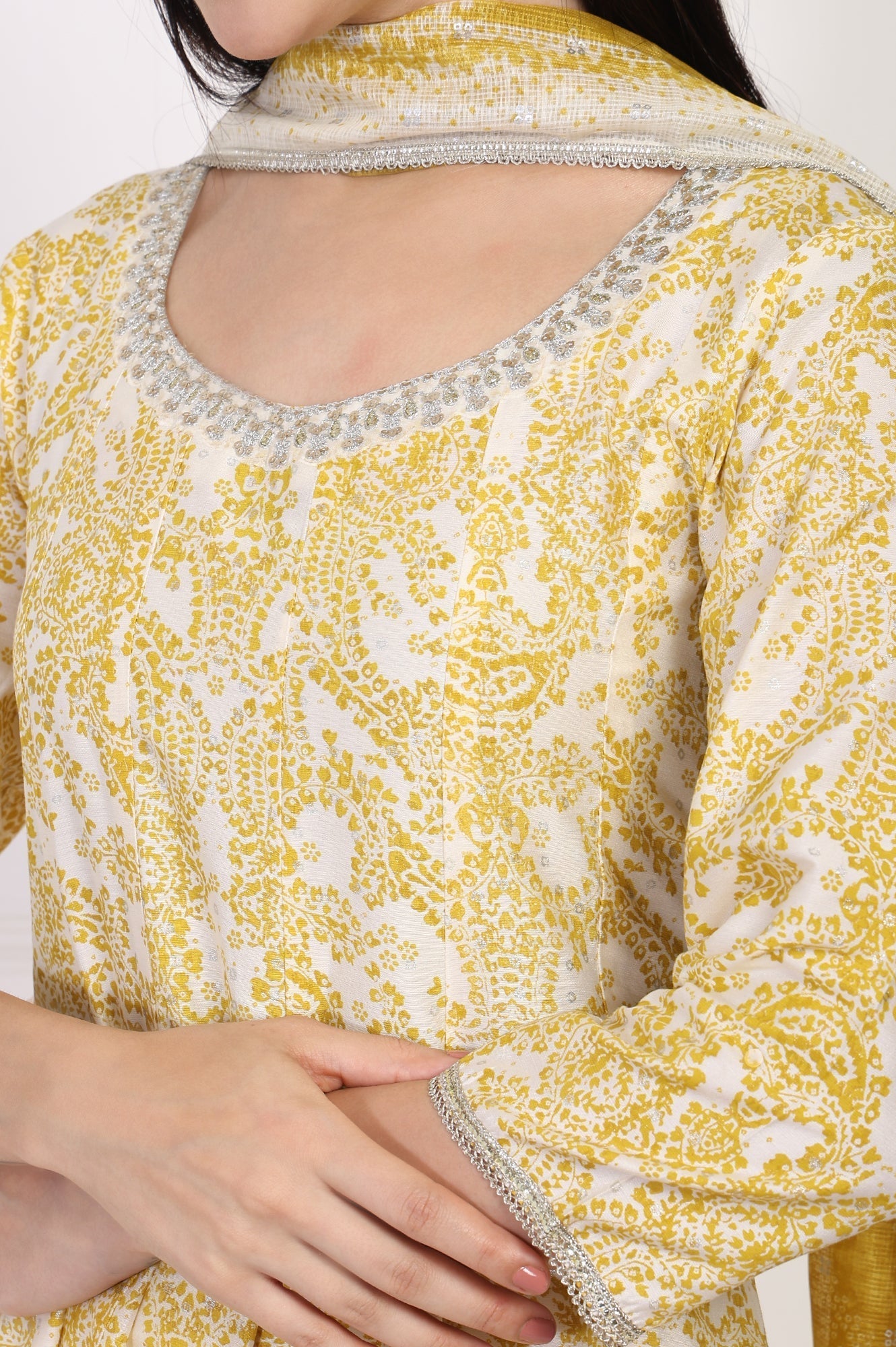 W for Woman Yellow Paisley Printed Embellished Anarkali Kurta with Straight Pant and Dupatta Set