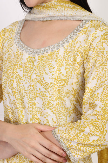 W for Woman Yellow Paisley Printed Embellished Anarkali Kurta with Straight Pant and Dupatta Set