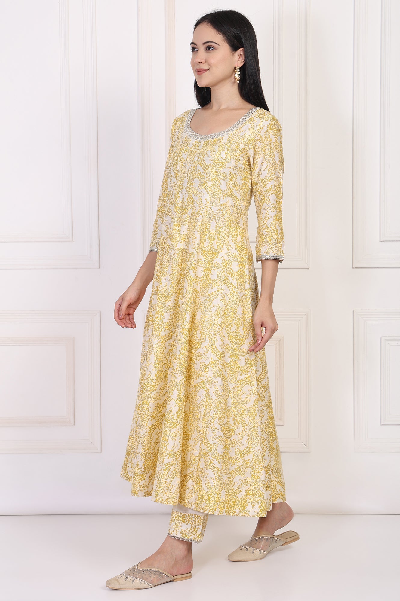 W for Woman Yellow Paisley Printed Embellished Anarkali Kurta with Straight Pant and Dupatta Set